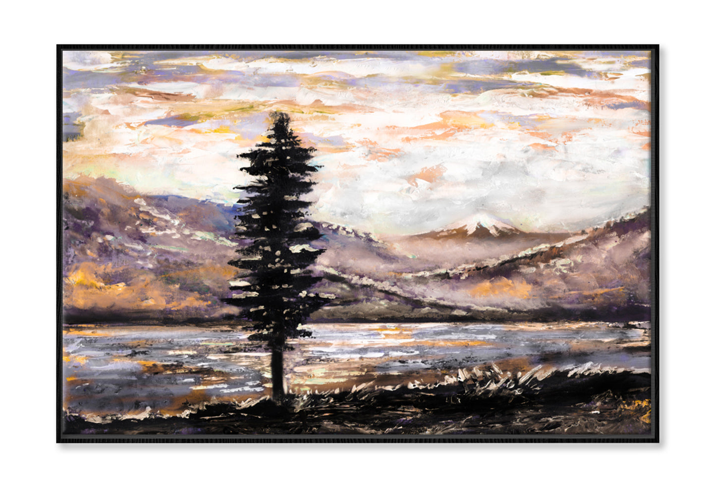 Mountain, Lake, Fog, Tree Oil Painting Wall Art Limited Edition High Quality Print Canvas Box Framed Black