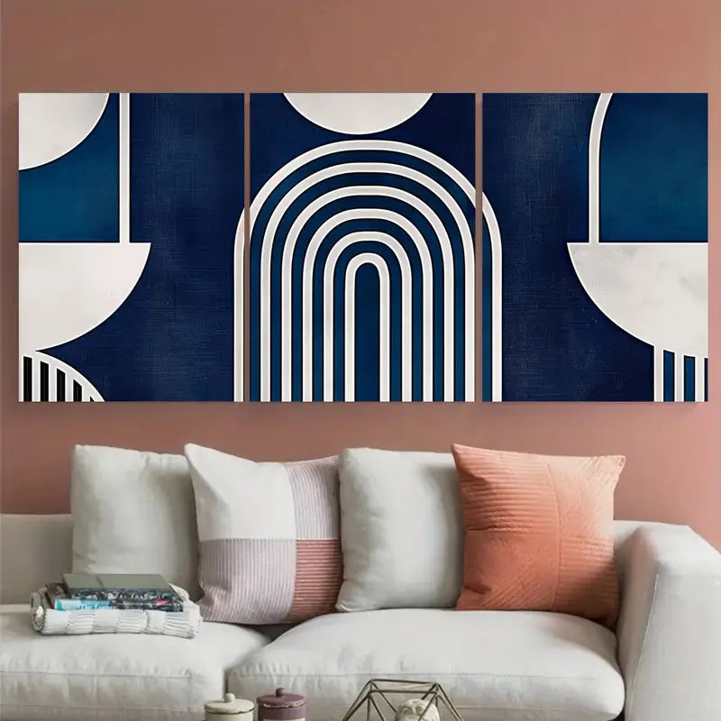 3pcs Navy Blue Geometric Elegant Boho Metal Print Ready to Hang Art