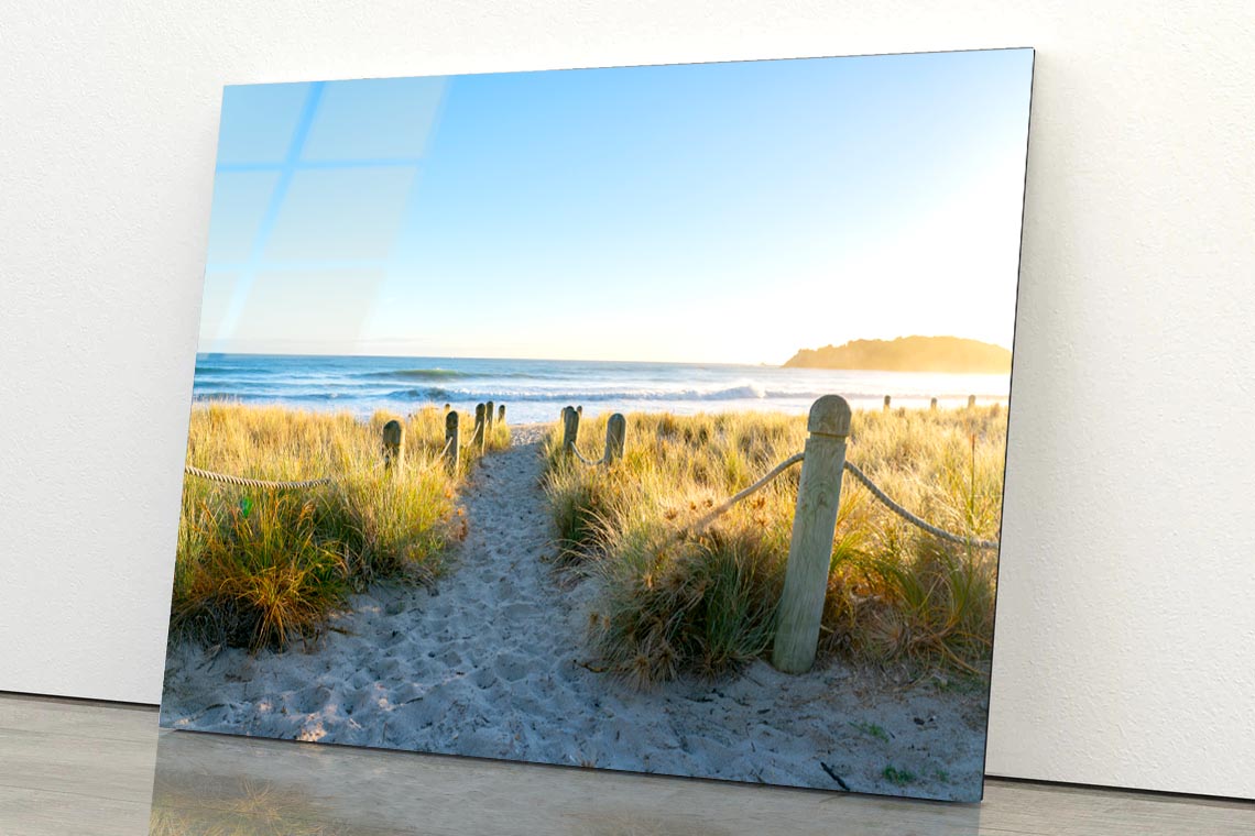 Bollards And Grassy Dunes Leading to Beach Acrylic Glass Print Tempered Glass Wall Art 100% Made in Australia Ready to Hang - Bella Home Decor
