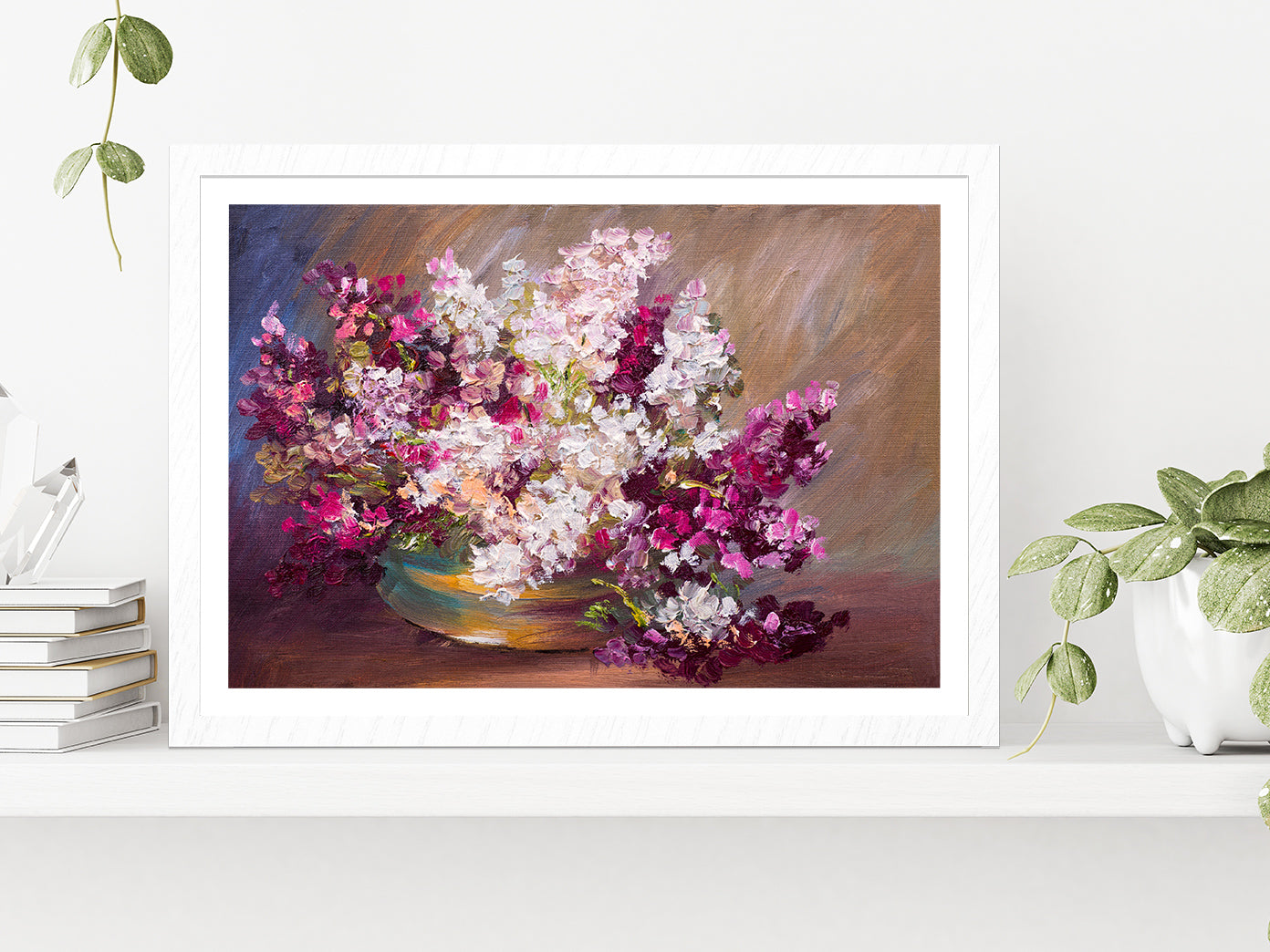 Bouquet Of Lilac Flower Vase, Colorful Still Life Glass Framed Wall Art, Ready to Hang Quality Print With White Border White