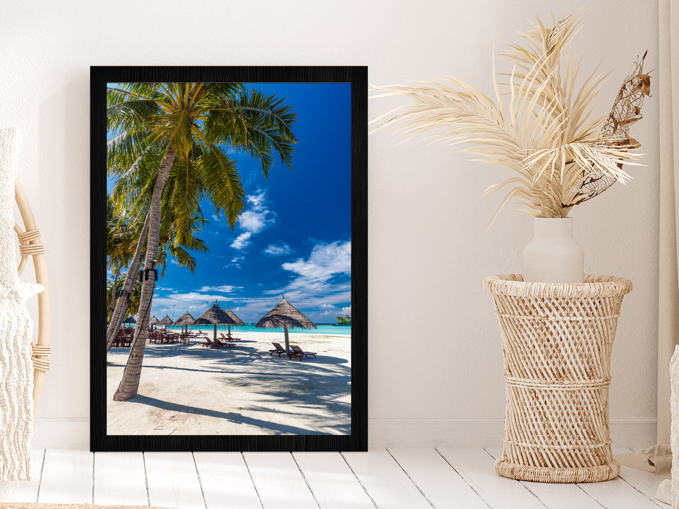 Tropical Beach in Maldives with Palm Trees Photograph Glass Framed Wall Art, Ready to Hang Quality Print Without White Border Black