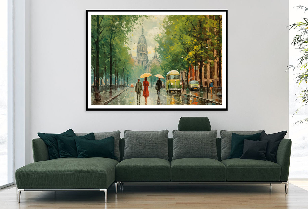 Painting Of People Walking Holding Umbrellas in the Rain in a City Home Decor Premium Quality Poster Print Choose Your Sizes