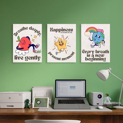 3pcs Vintage Happy Affirmations Mindful Quotes Painting Wall Art Set Canvas Framed 40x60cm - High Quality Print 100% Australian Made Wall Canvas Ready to Hang