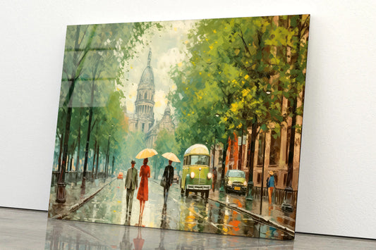 Painting Of People Walking Holding Umbrellas in the Rain in a City Acrylic Glass Print Tempered Glass Wall Art 100% Made in Australia Ready to Hang