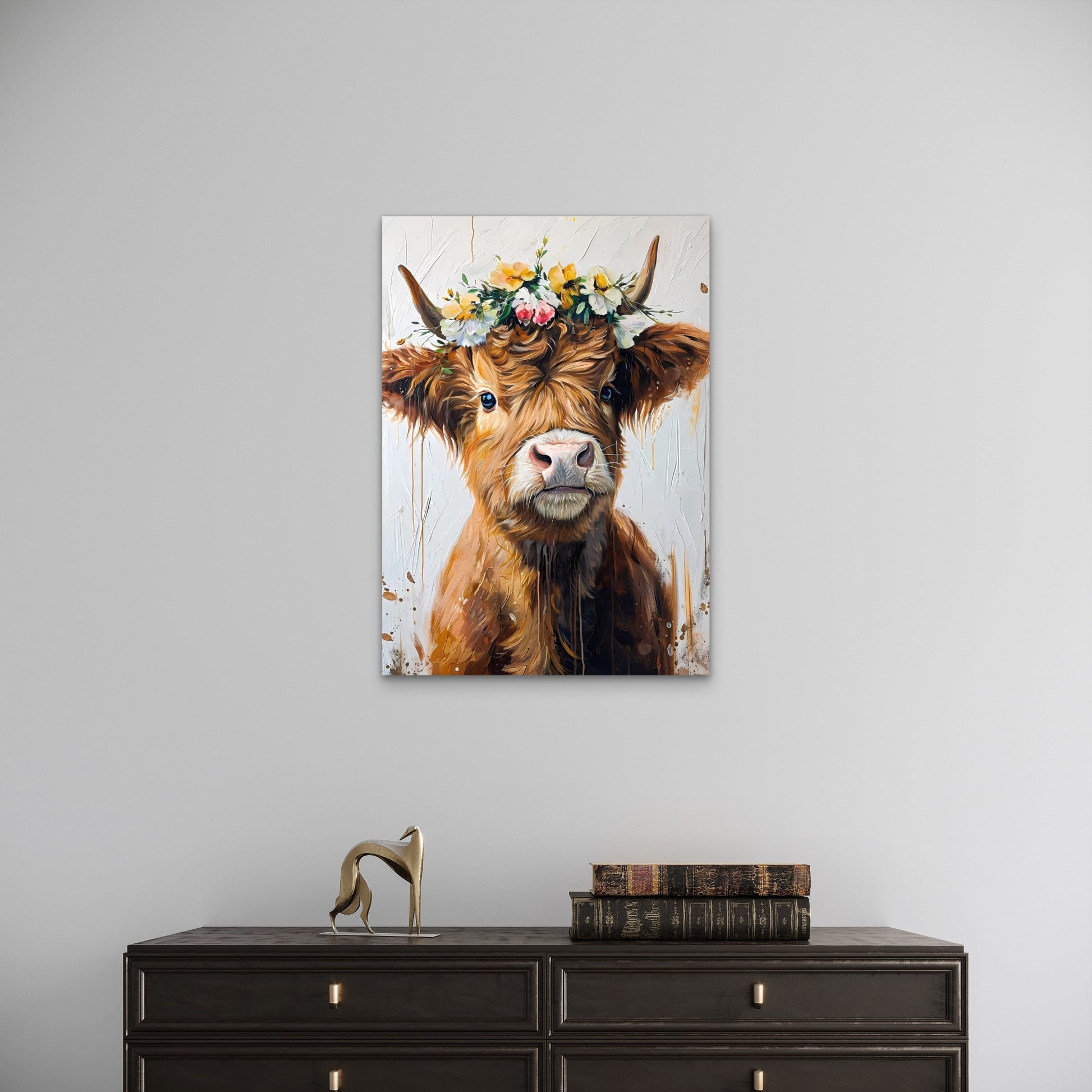 Cow with Flower Crown 40x60cm Metal Print Ready to Hang - Bella Home Decor