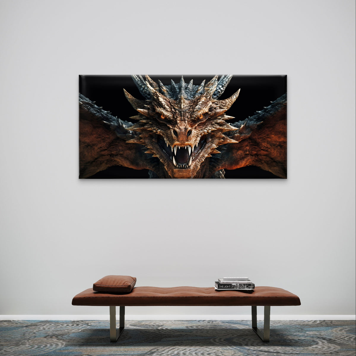 Fierce Fantasy Dragon Head Scale Wings Monster Wall Art Canvas Office Home Framed 120x60cm - Bella Home Decor