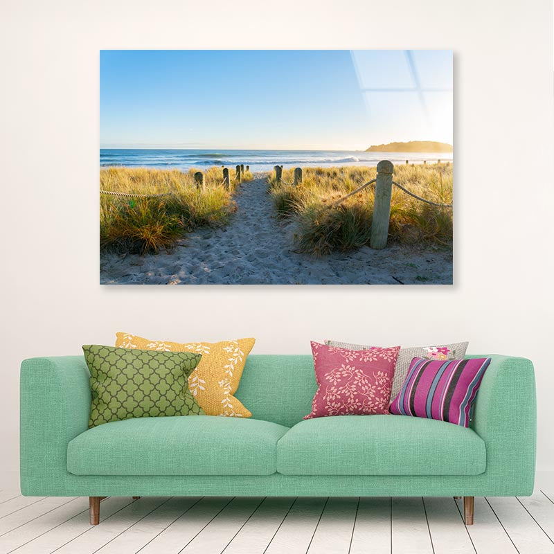 Bollards And Grassy Dunes Leading to Beach Acrylic Glass Print Tempered Glass Wall Art 100% Made in Australia Ready to Hang - Bella Home Decor