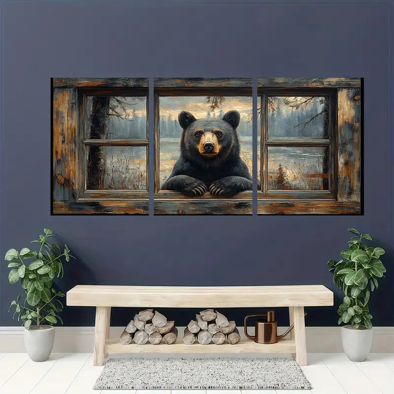 3pcs Brown & Golden Tone Bear Metal Print Ready to Hang Art - Bella Home Decor