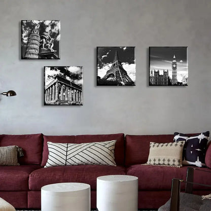 4pcs Black And White European Architecture Canva Wall Art Canvas Framed