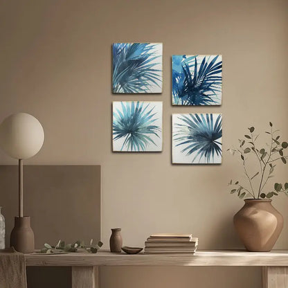 4pcs Blue Colour Plam Leaves Wall Art Canvas Framed - Bella Home Decor