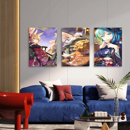 3pcs Anime Kimono Spring Festival Cherry Blossom Metal Print Ready to Hang Art