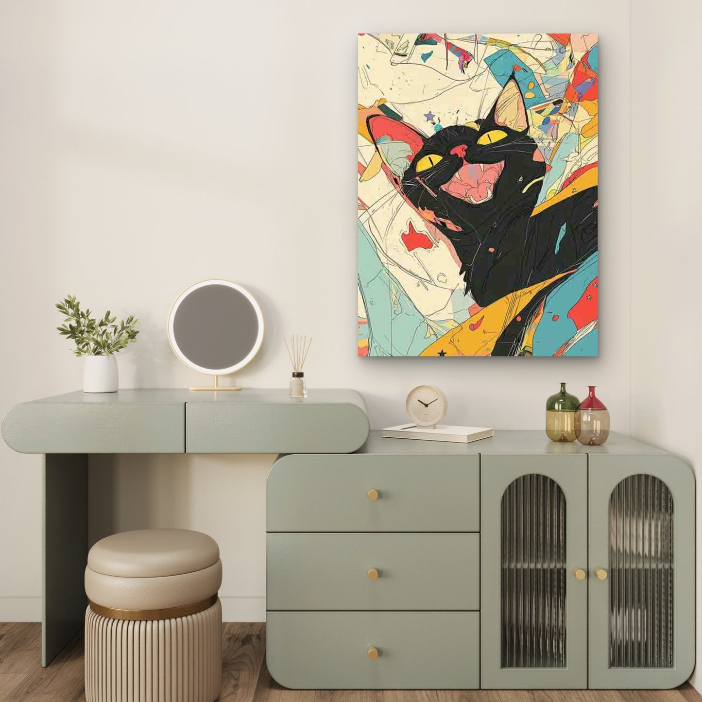 Smiling Black Cat with Yellow Eyes, Retro 60x90cm Metal Print Ready to Hang
