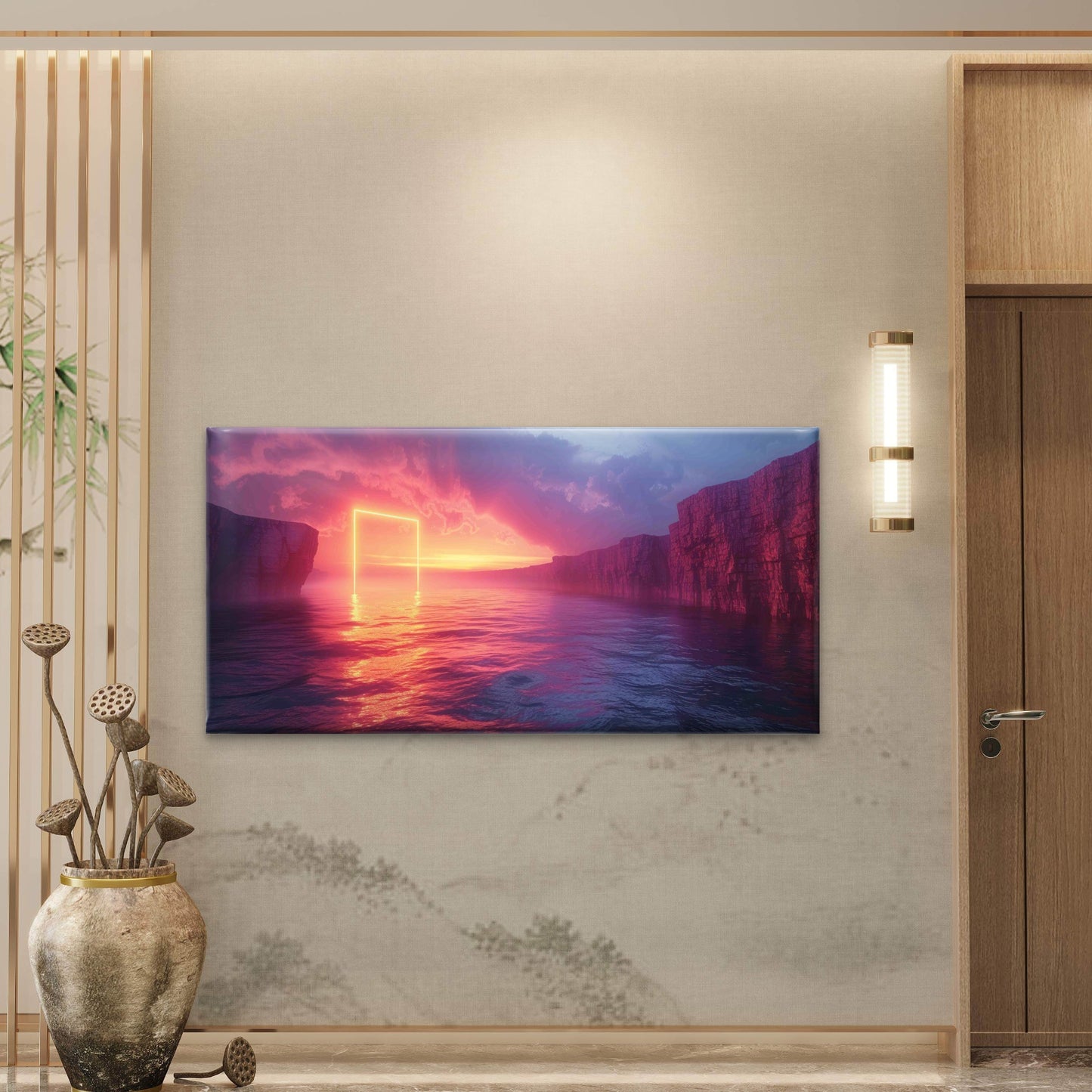 Neon Gate Surreal Seascape Wall Art Canvas Office Home Room Framed 120x60cm - Bella Home Decor