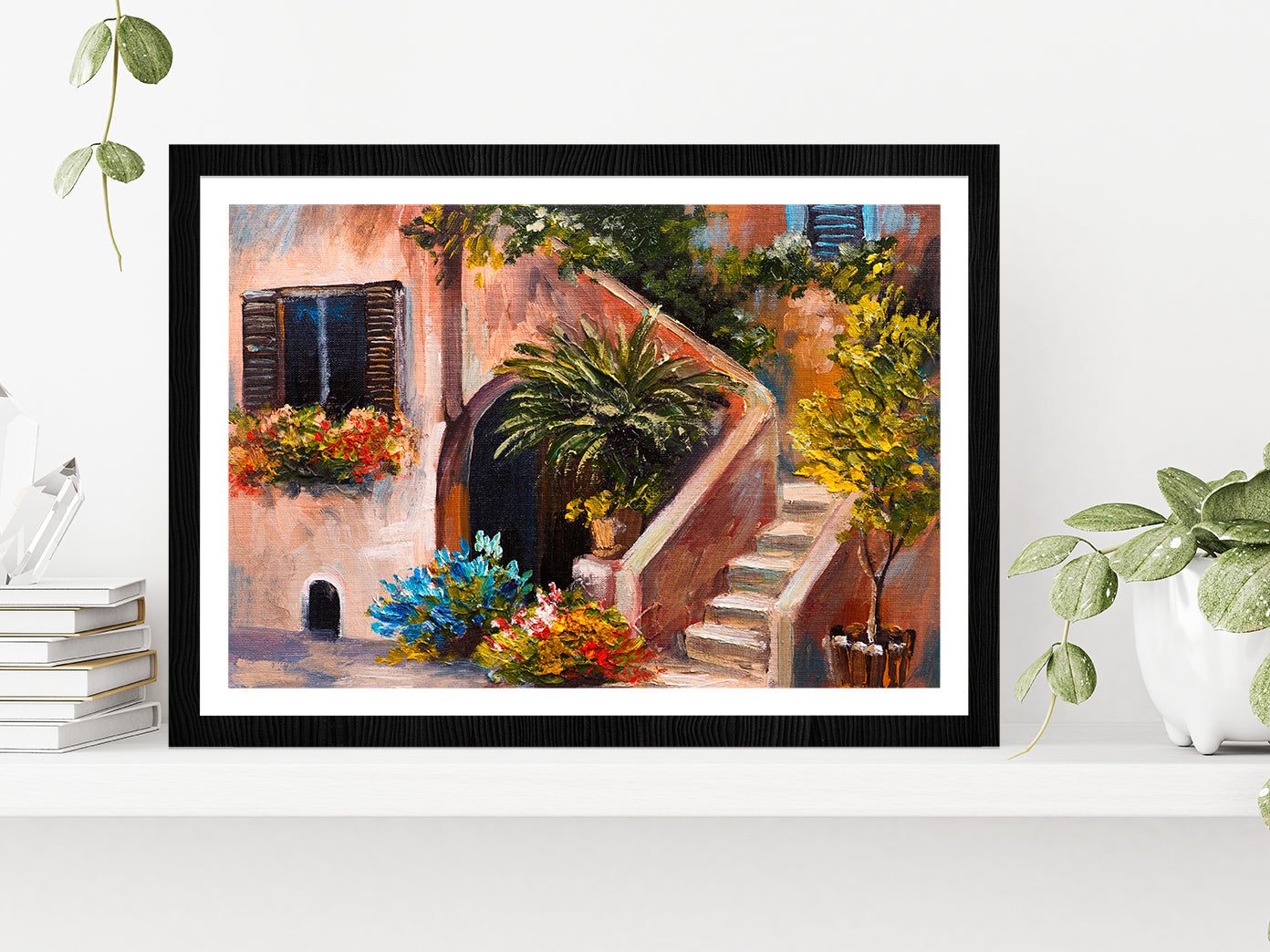 Summer Terrace, Flowers In A Garden, House In Greece Glass Framed Wall Art, Ready to Hang Quality Print With White Border Black