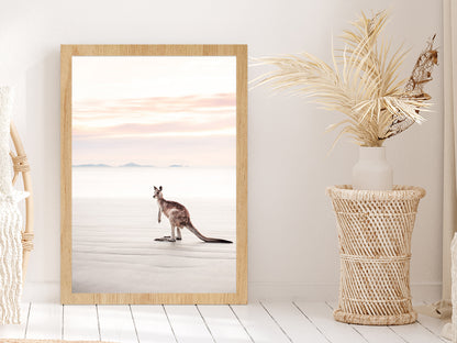 Kangaroo near Sea Faded Photograph Glass Framed Wall Art, Ready to Hang Quality Print Without White Border Oak