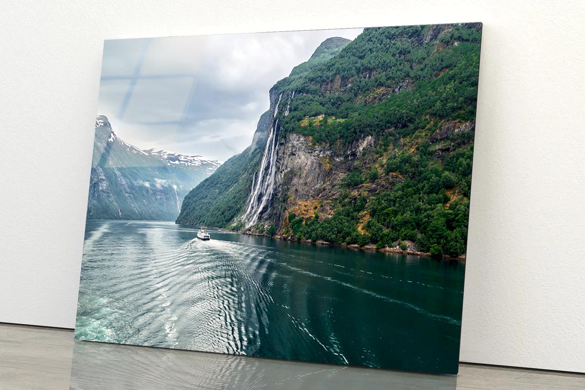 Waterfall On a Fjord Acrylic Glass Print Tempered Glass Wall Art 100% Made in Australia Ready to Hang - Bella Home Decor