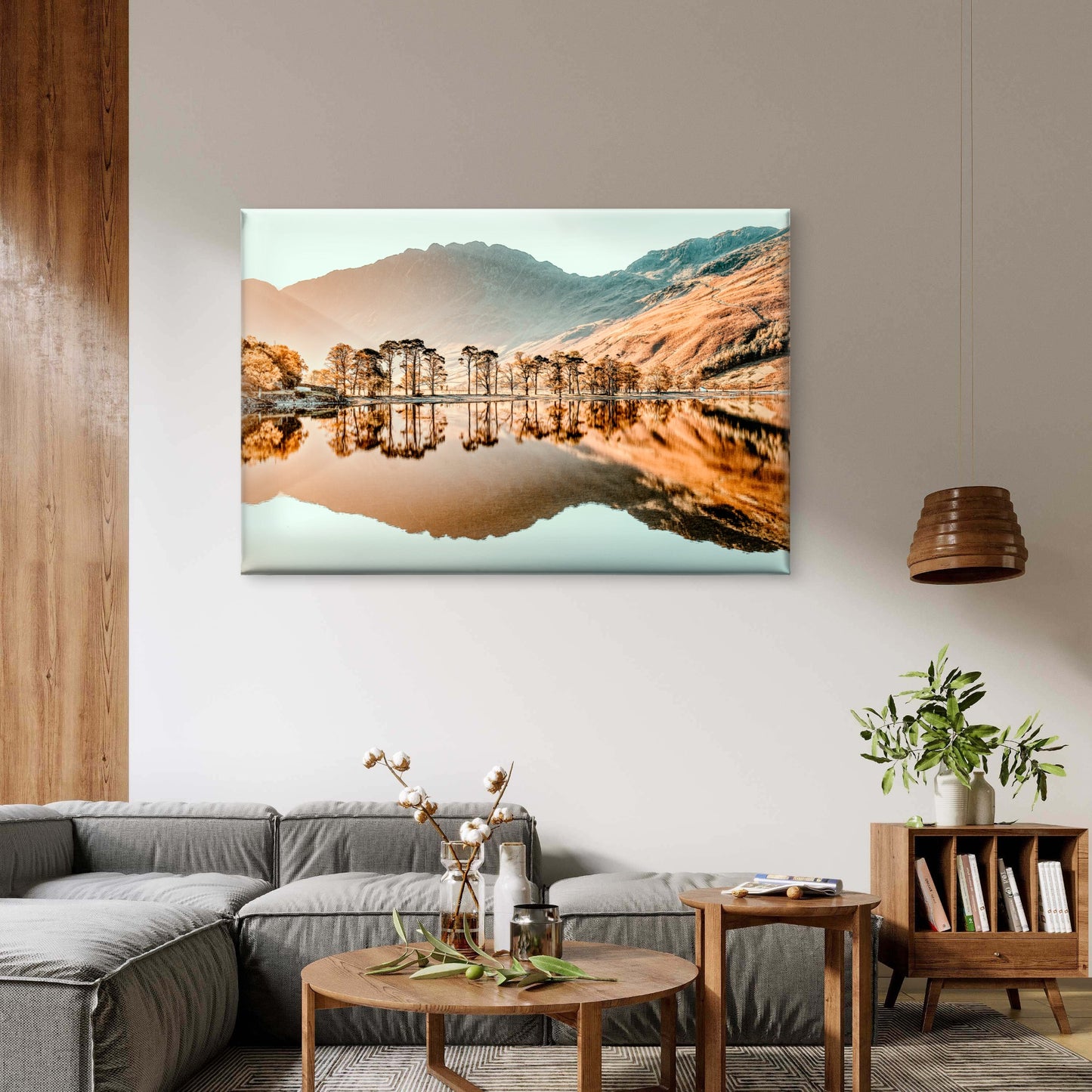 Golden Sunset Autumn Mountain Tree Lake Reflection Wall Art Decor 100% Australian Made