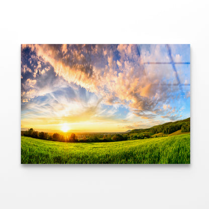 View of Colorful Sunset on a Green Meadow Acrylic Glass Print Tempered Glass Wall Art 100% Made in Australia Ready to Hang