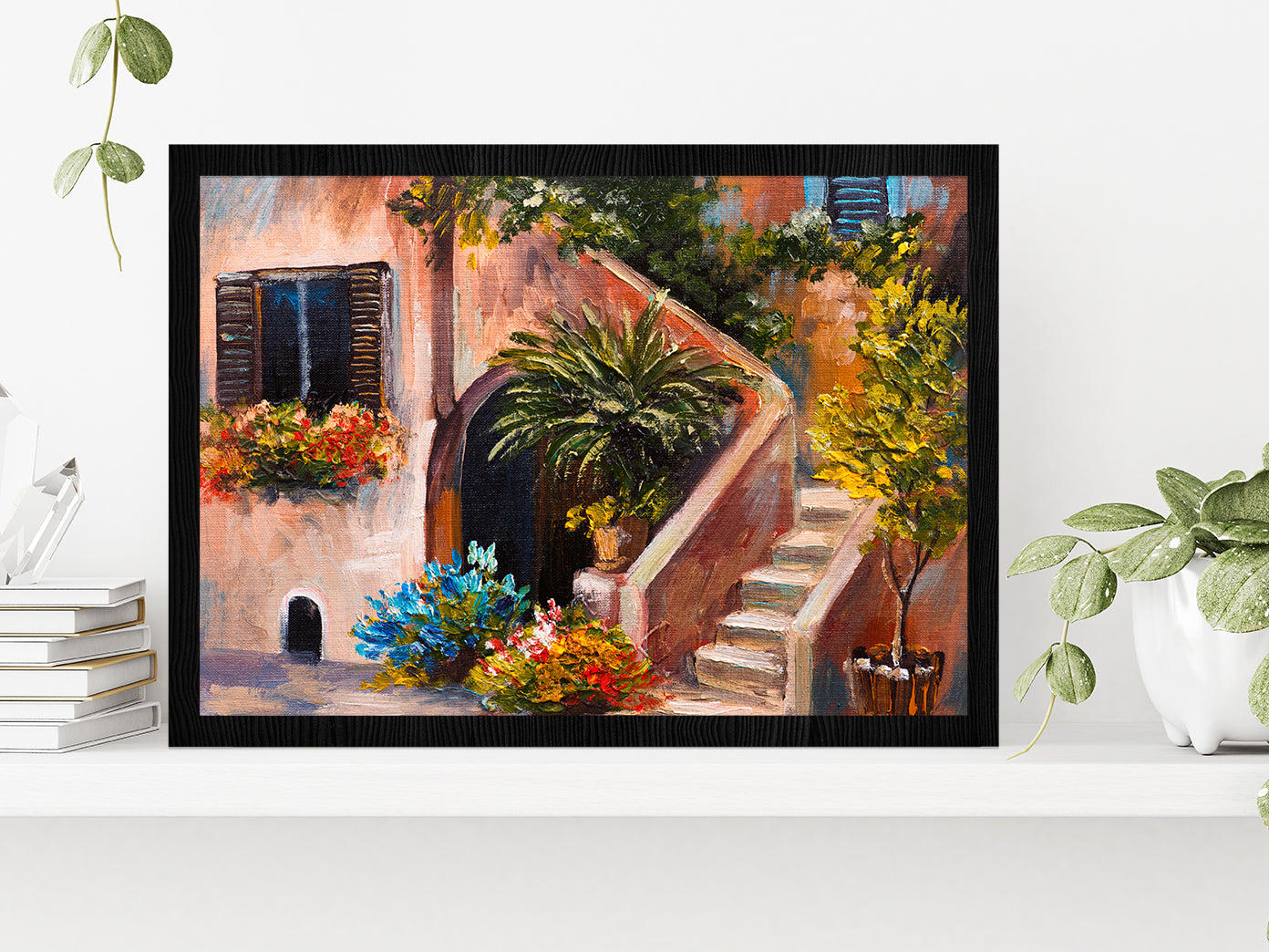 Summer Terrace, Flowers In A Garden, House In Greece Glass Framed Wall Art, Ready to Hang Quality Print Without White Border Black