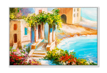 House Near The Sea, Sea Coast, Flowers Oil Painting Limited Edition High Quality Print Canvas Box Framed White