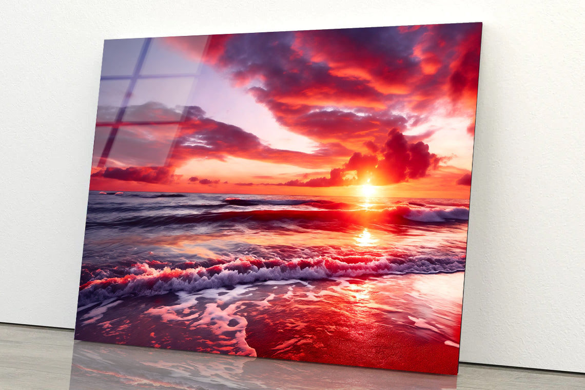 Sunset over a Beach with Sky Acrylic Glass Print Tempered Glass Wall Art 100% Made in Australia Ready to Hang - Bella Home Decor