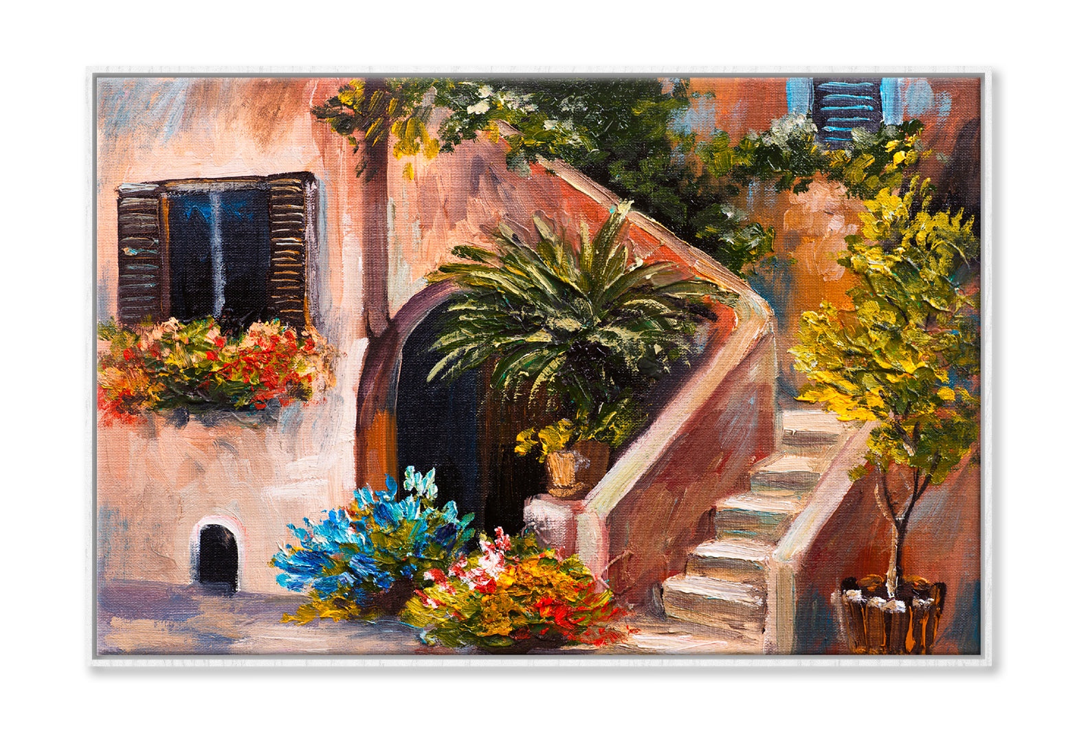 Summer Terrace, Flowers In A Garden, House In Greece Oil Painting Wall Art Limited Edition High Quality Print Canvas Box Framed White