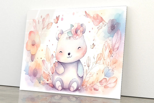 Happy Baby Bear in Flower Blossom Garden Acrylic Glass Print Tempered Glass Wall Art 100% Made in Australia Ready to Hang