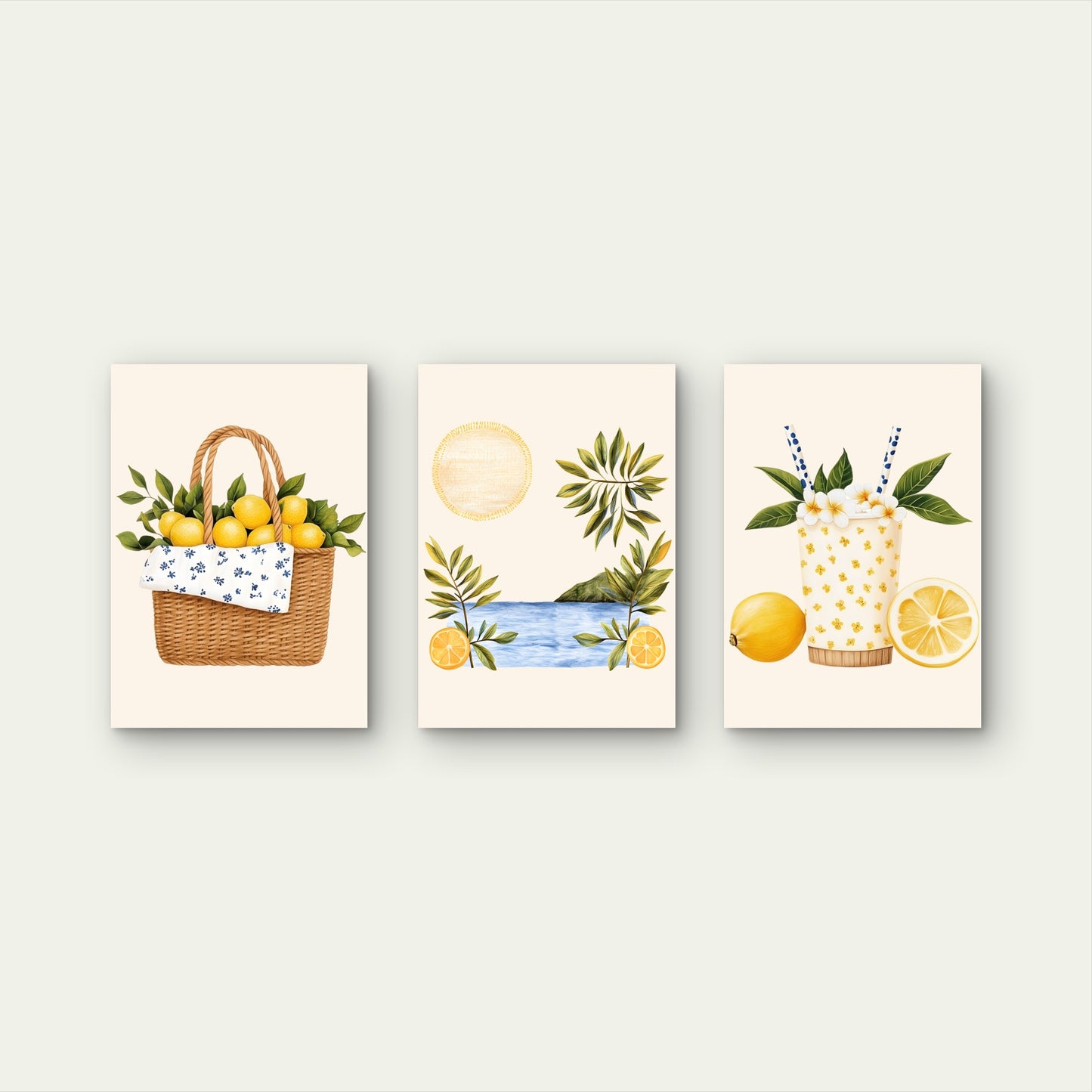 3pcs Summer Amalfi Coastal Lemonade Painting Wall Art Set Canvas Framed 40x60cm - High Quality Print 100% Australian Made Wall Canvas Ready to Hang