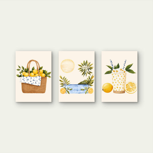 3pcs Summer Amalfi Coastal Lemonade Painting Wall Art Set Canvas Framed 40x60cm - High Quality Print 100% Australian Made Wall Canvas Ready to Hang