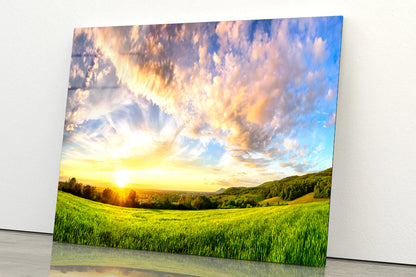 View of Colorful Sunset on a Green Meadow Acrylic Glass Print Tempered Glass Wall Art 100% Made in Australia Ready to Hang