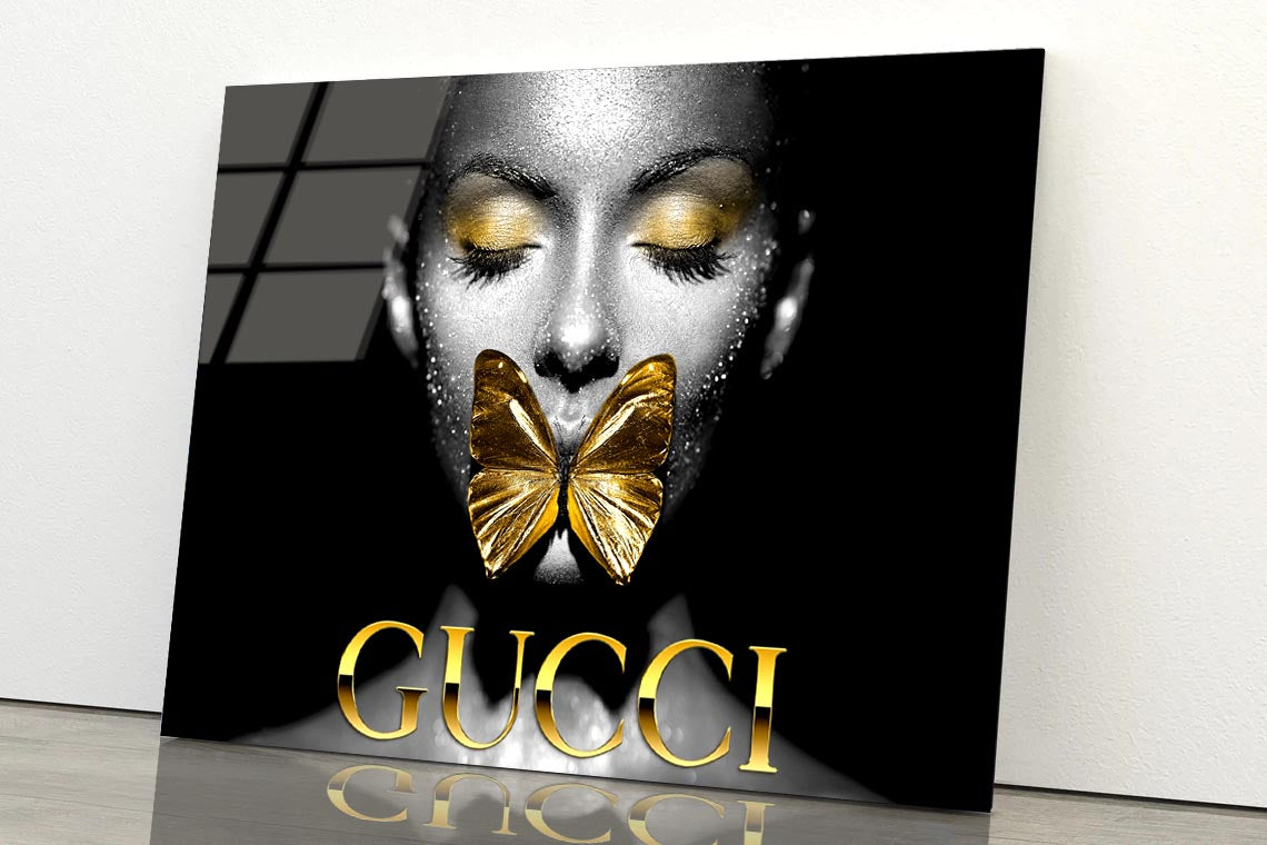 Lady With Gold Butterfly Acrylic Glass Print Tempered Glass Wall Art 100% Made in Australia Ready to Hang