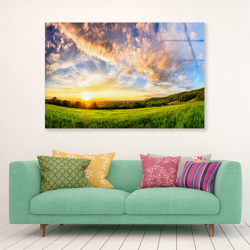 View of Colorful Sunset on a Green Meadow Acrylic Glass Print Tempered Glass Wall Art 100% Made in Australia Ready to Hang