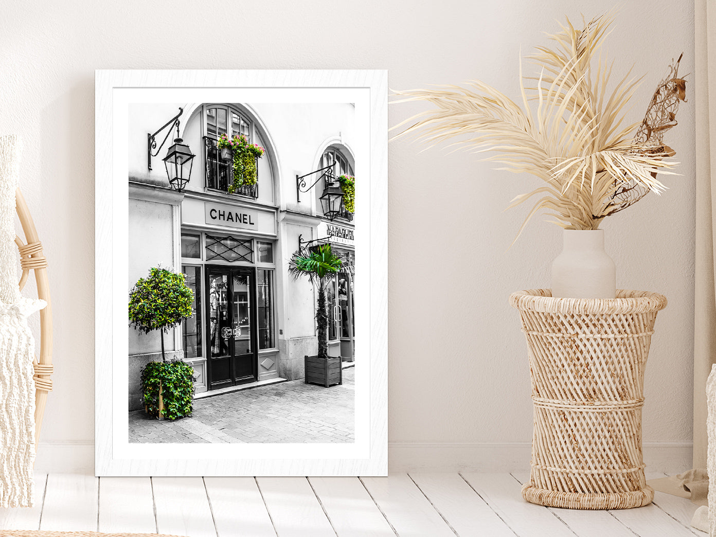 Fashion Store & Trees View Photograph Glass Framed Wall Art, Ready to Hang Quality Print With White Border White