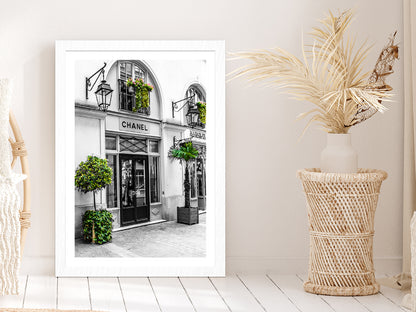 Fashion Store & Trees View Photograph Glass Framed Wall Art, Ready to Hang Quality Print With White Border White