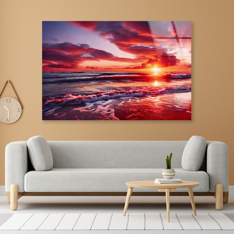 Sunset over a Beach with Sky Acrylic Glass Print Tempered Glass Wall Art 100% Made in Australia Ready to Hang - Bella Home Decor