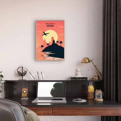 Retro City Skyline Plane Shore Welcome to Genoa Italy Travel Poster Print Wall Art