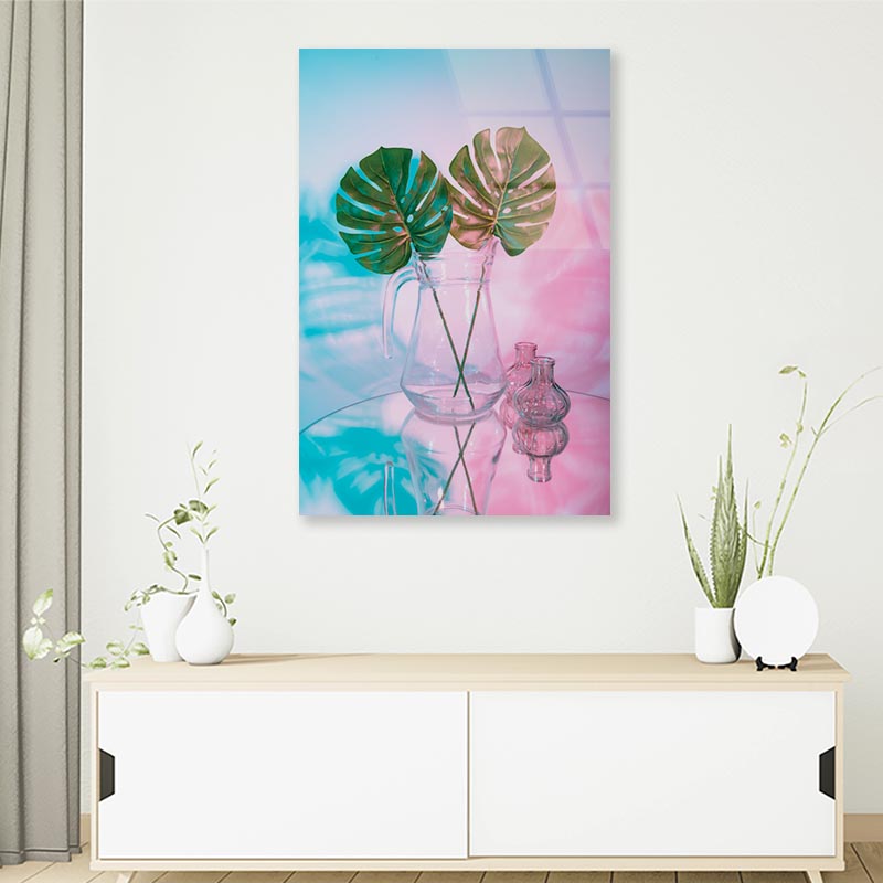 Two Green Leaves in A Clear Vase on A Table Portrait Photograph Acrylic Glass Print Tempered Glass Wall Art 100% Made in Australia Ready to Hang - Bella Home Decor
