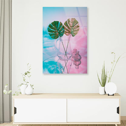 Two Green Leaves in A Clear Vase on A Table Portrait Photograph Acrylic Glass Print Tempered Glass Wall Art 100% Made in Australia Ready to Hang - Bella Home Decor