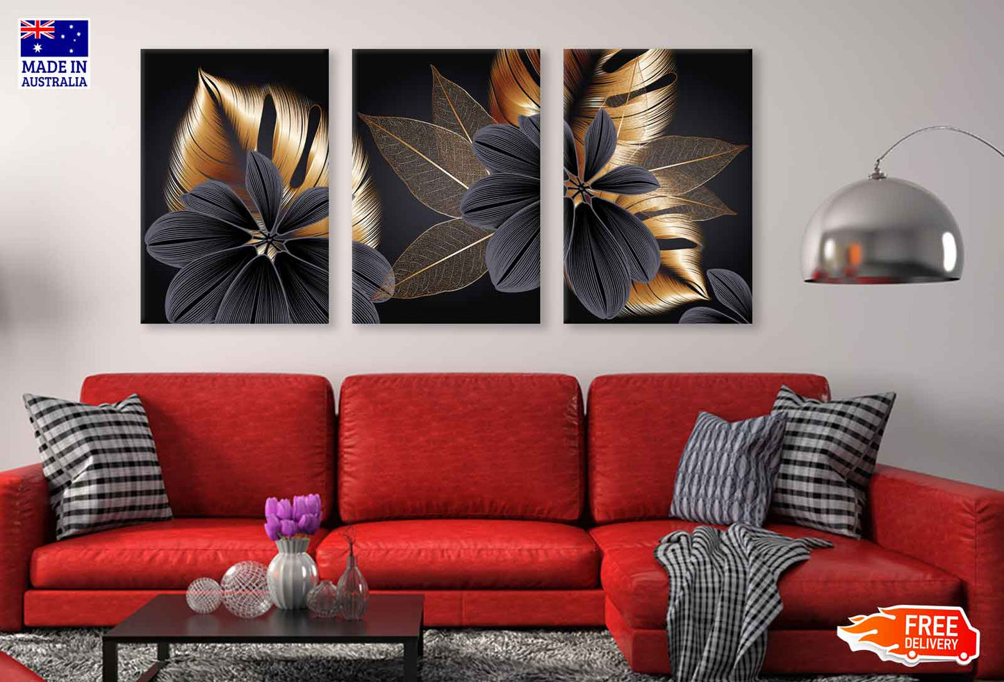 3 Set of Gold Floral Abstract High Quality Print 100% Australian Made Wall Canvas Ready to Hang