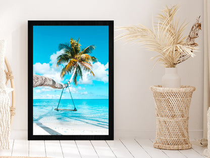 Coconut Tree Beach Swing View Photograph Glass Framed Wall Art, Ready to Hang Quality Print Without White Border Black