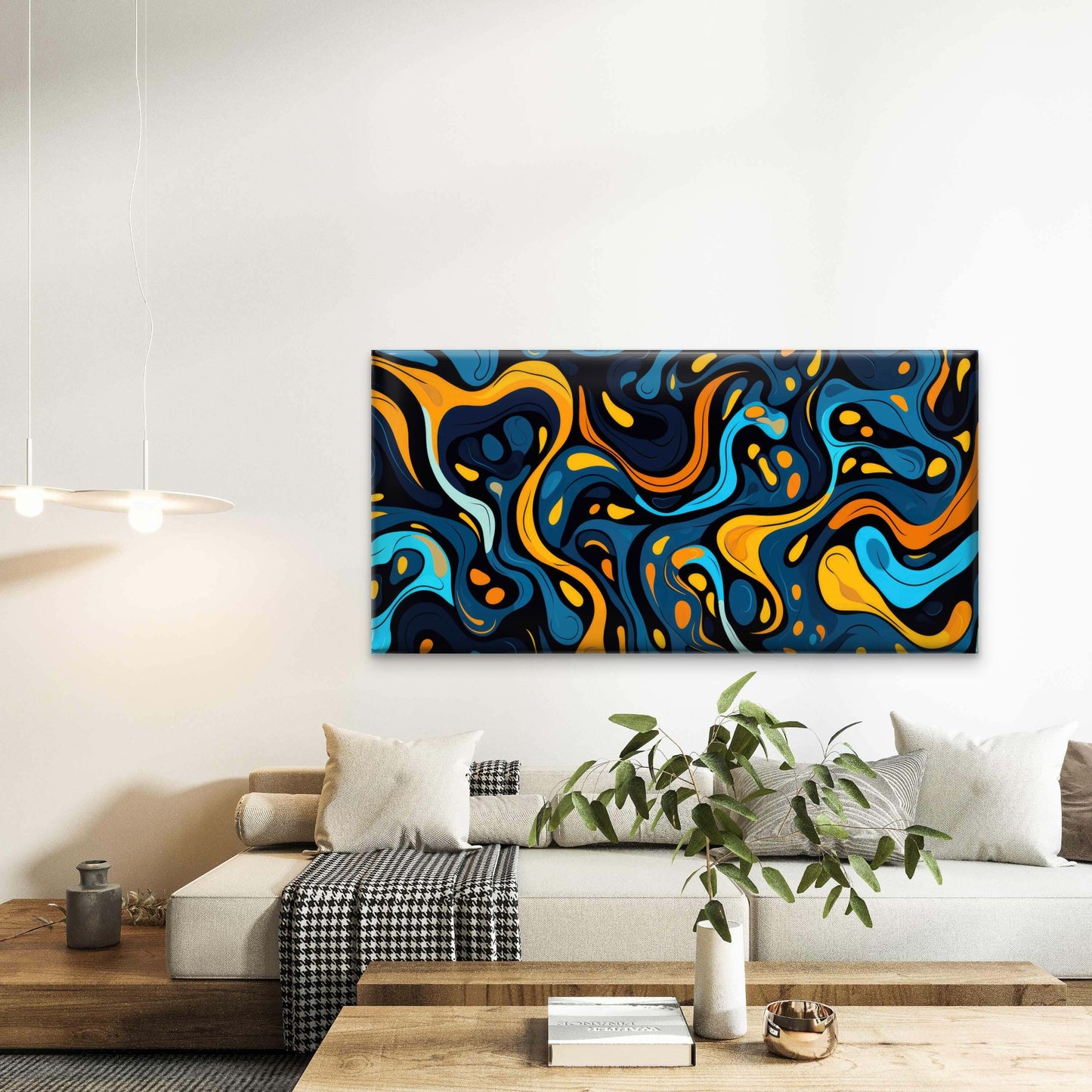 Blue Orange Fluid Liquid Swirl Wall Art Canvas Office Home Room Framed 120x60 cm - Bella Home Decor