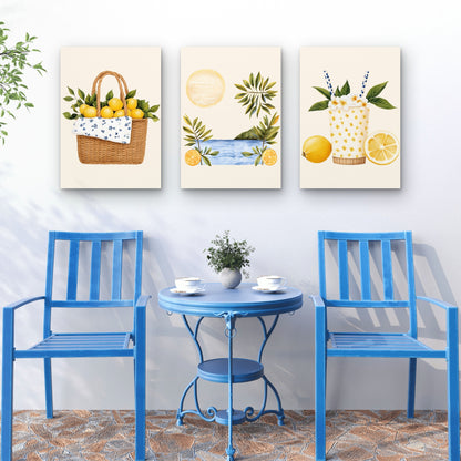 3pcs Summer Amalfi Coastal Lemonade Painting Wall Art Set Canvas Framed 40x60cm - High Quality Print 100% Australian Made Wall Canvas Ready to Hang