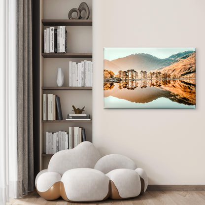 Golden Sunset Autumn Mountain Tree Lake Reflection Wall Art Decor 100% Australian Made