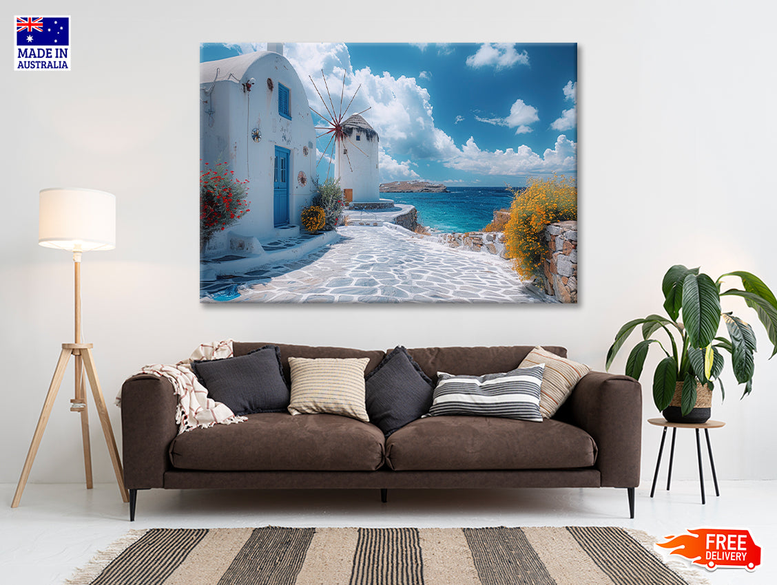 White Building, White Tower in Greece Print 100% Australian Made - Bella Home Decor