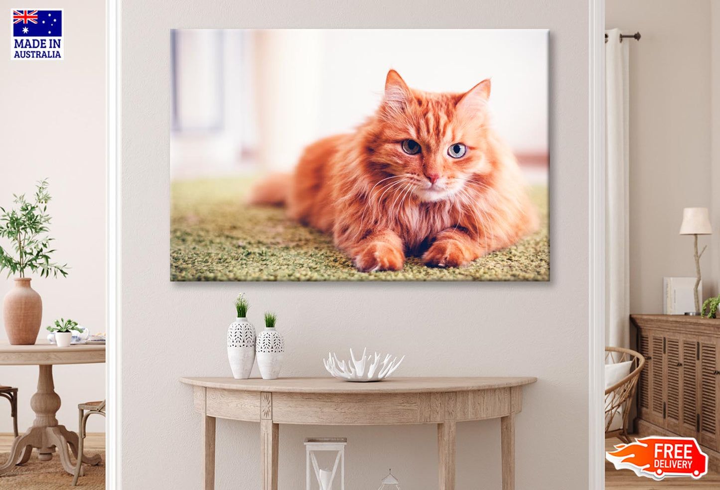 Beautiful Red Fluffy Cat with Green Eyes Wall Art Decor 100% Australian Made