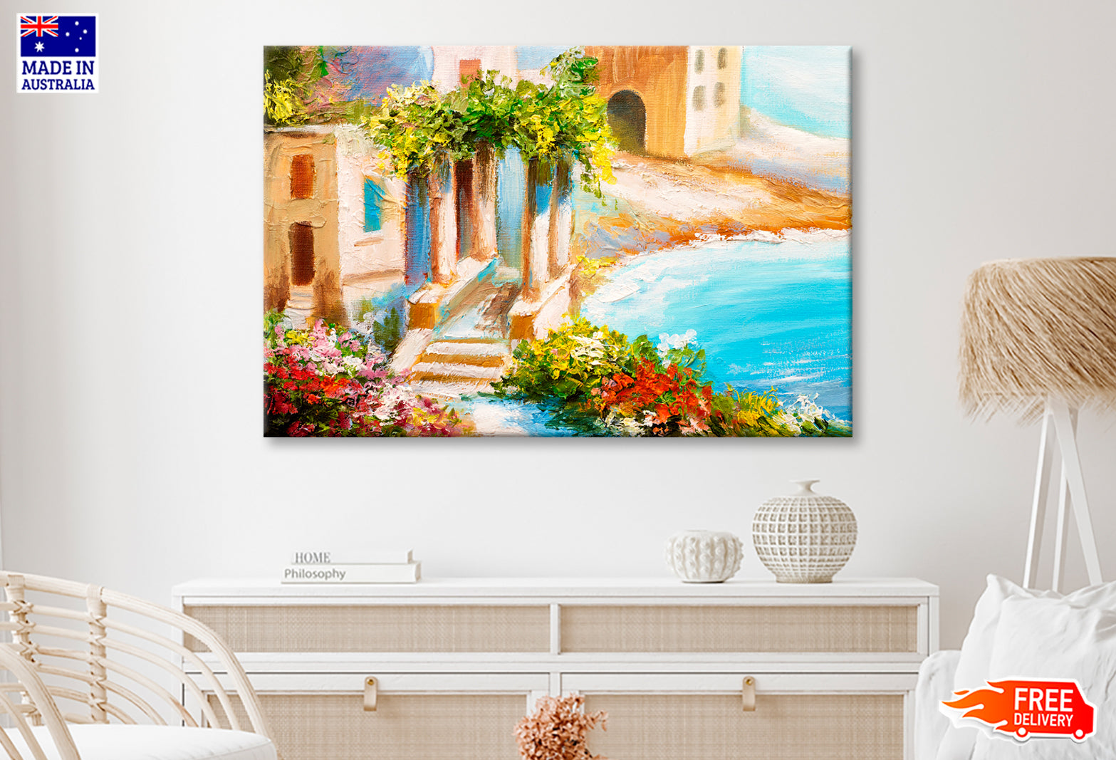 House Near The Sea, Sea Coast, Flowers Oil Painting Limited Edition High Quality Print