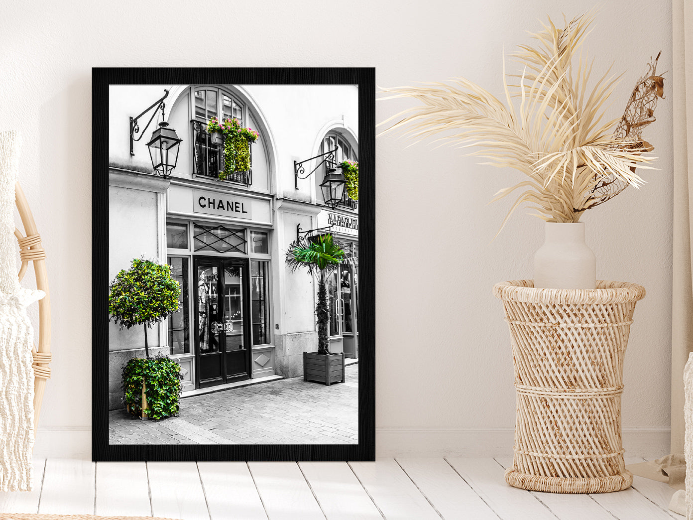 Fashion Store & Trees View Photograph Glass Framed Wall Art, Ready to Hang Quality Print Without White Border Black