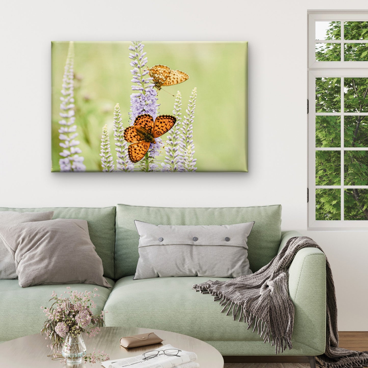 Soft Green and Purple Orange Butterfly and Lavender Flower Wall Art Decor 100% Australian Made
