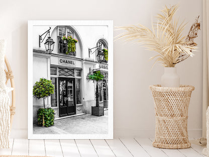 Fashion Store & Trees View Photograph Glass Framed Wall Art, Ready to Hang Quality Print Without White Border White