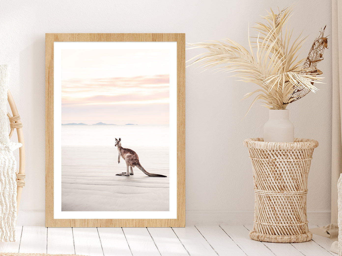 Kangaroo near Sea Faded Photograph Glass Framed Wall Art, Ready to Hang Quality Print With White Border Oak